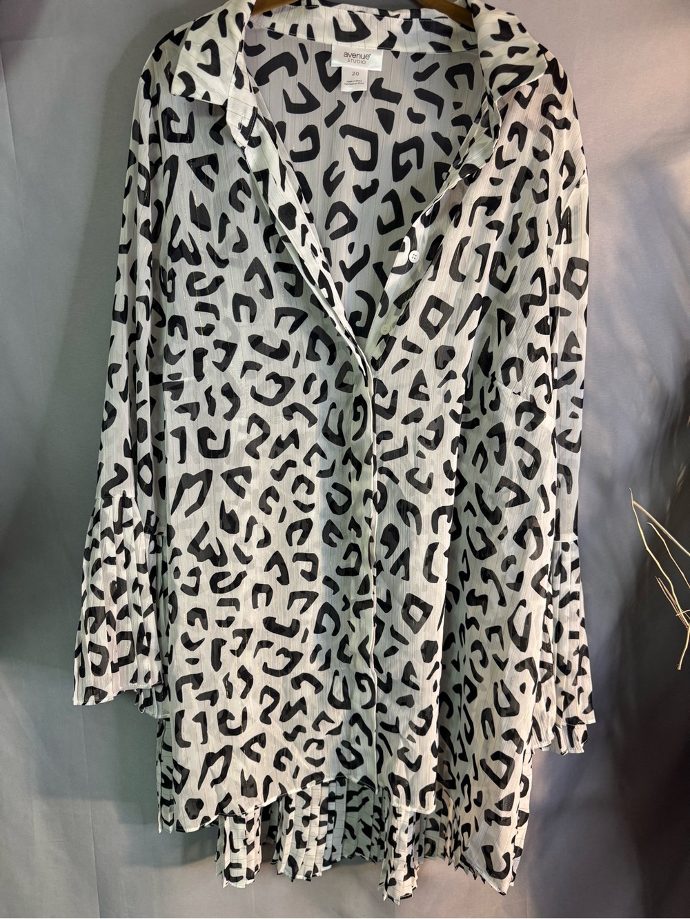 Avenue White and Black Leopard Print Button-Down Shirt with pleated sleeves
